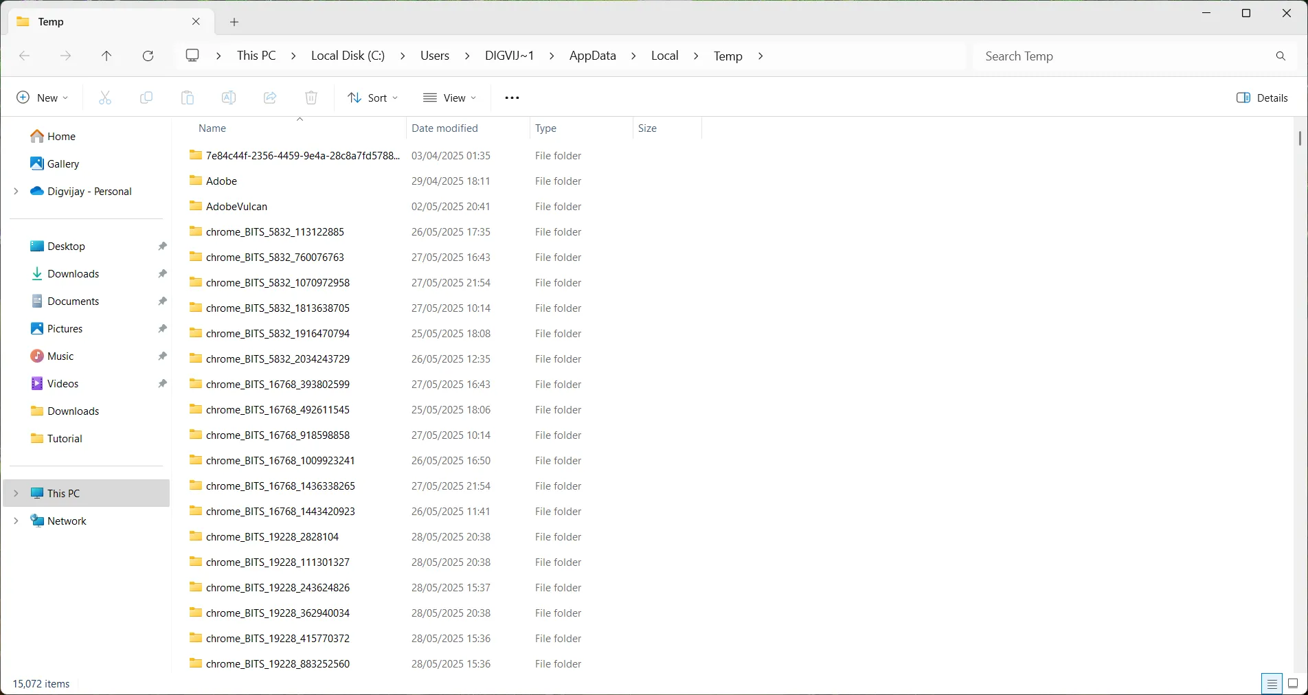 Hình ảnh File Explorer hiển thị thư mục tệp tạm hệ thống trên Windows, nơi lưu trữ các tệp tạm của hệ điều hành