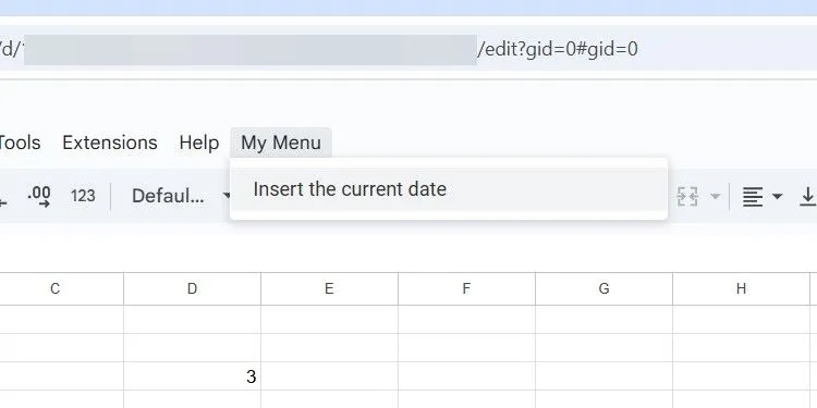 Hình ảnh menu 'My Menu' tùy chỉnh trong Google Sheets, được tạo bằng Google Apps Script để chèn ngày tháng.