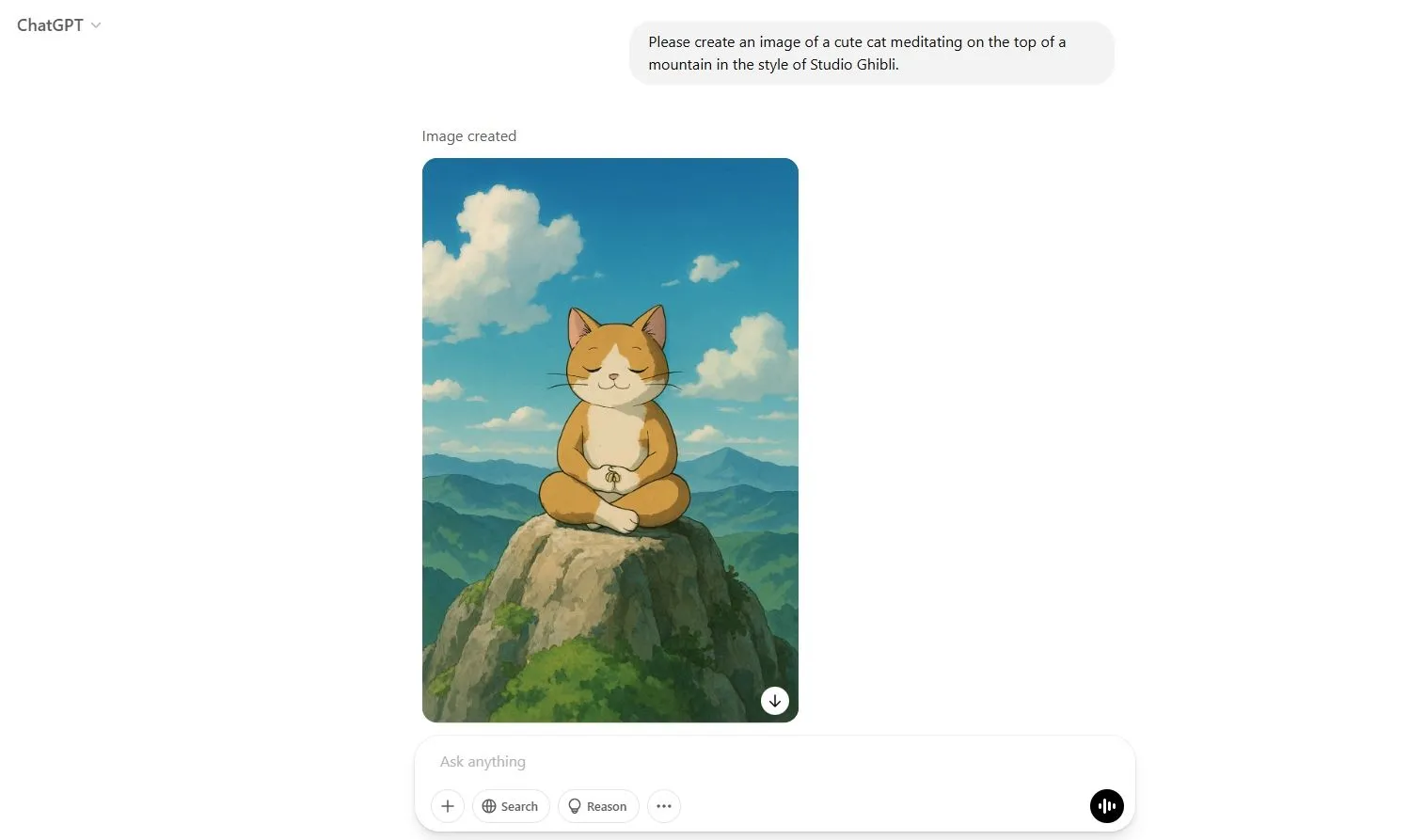 Hình ảnh mèo ngồi thiền phong cách Studio Ghibli được tạo bởi ChatGPT GPT-4o
