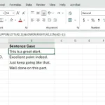Hình ảnh minh họa cách sử dụng công thức phức tạp trong Excel để chuyển đổi văn bản sang định dạng viết hoa chữ cái đầu câu (Sentence Case).