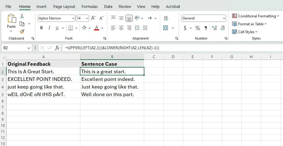 Hình ảnh minh họa cách sử dụng công thức phức tạp trong Excel để chuyển đổi văn bản sang định dạng viết hoa chữ cái đầu câu (Sentence Case).
