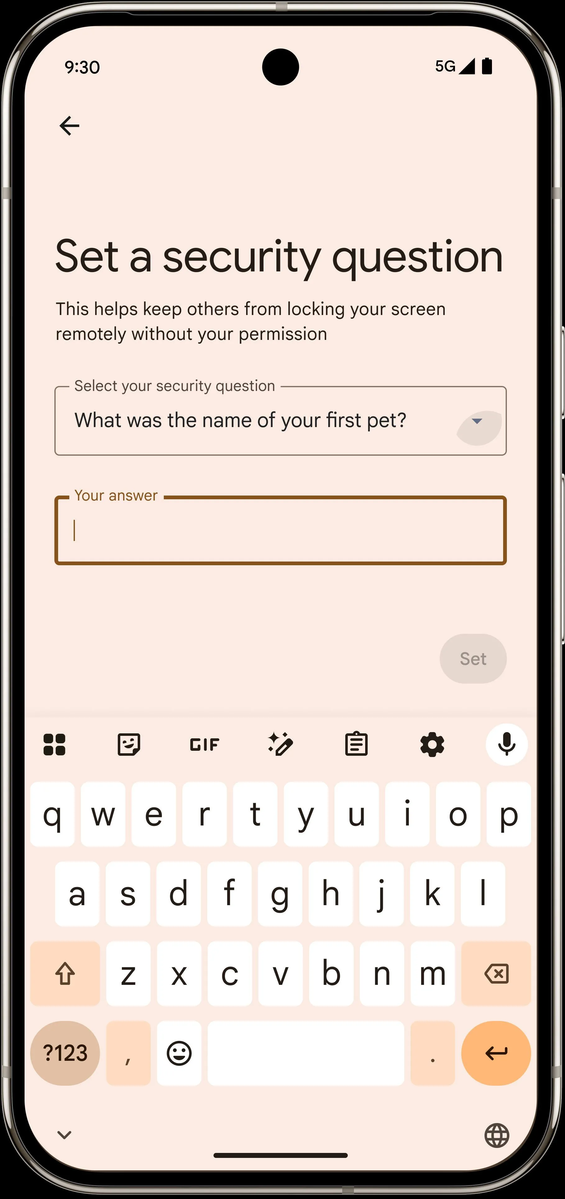 Hình ảnh mô phỏng câu hỏi bảo mật trên tính năng khóa từ xa Android 16