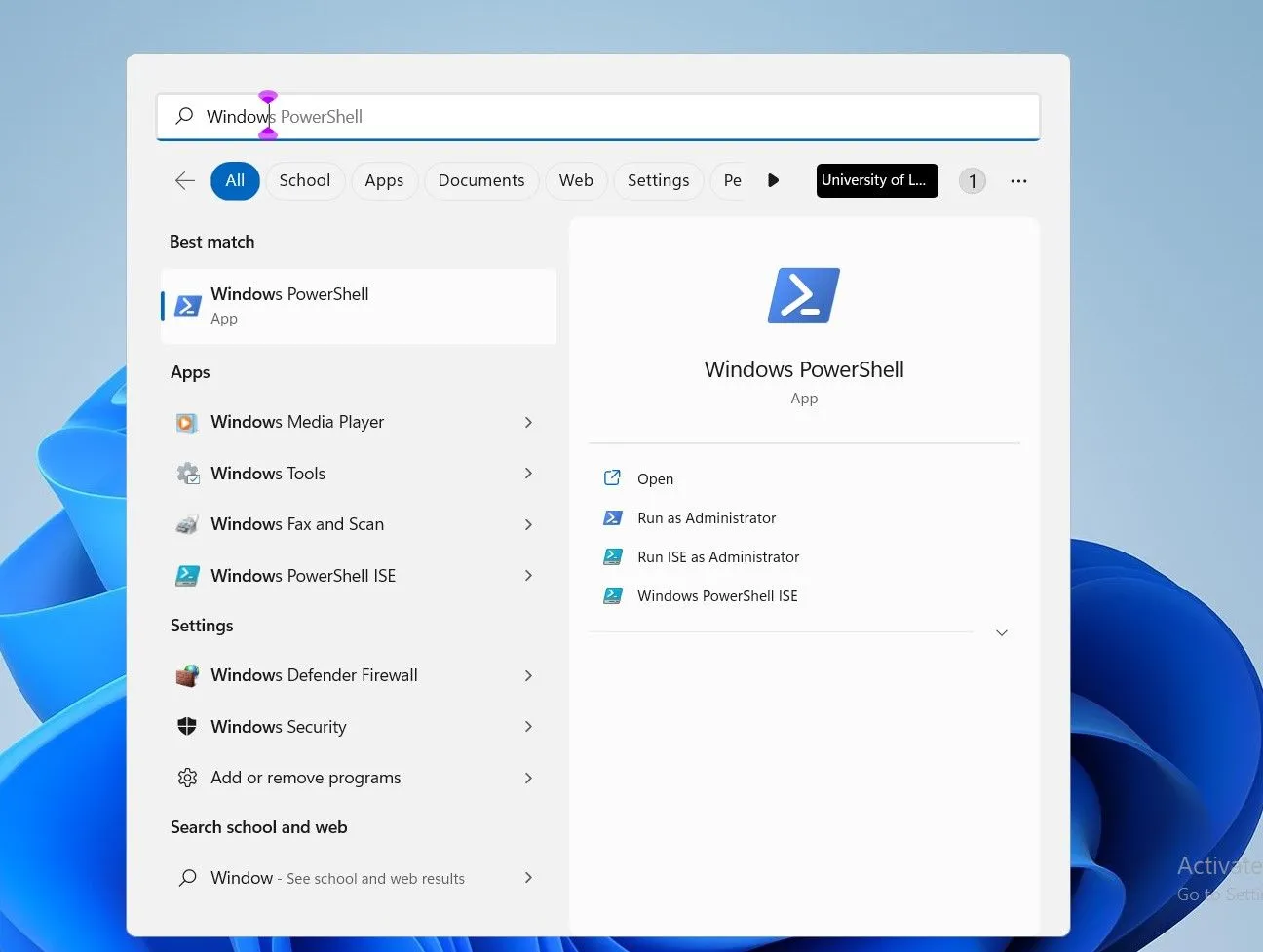 Hình ảnh mô tả cách tìm kiếm và truy cập PowerShell qua thanh tìm kiếm trên Windows