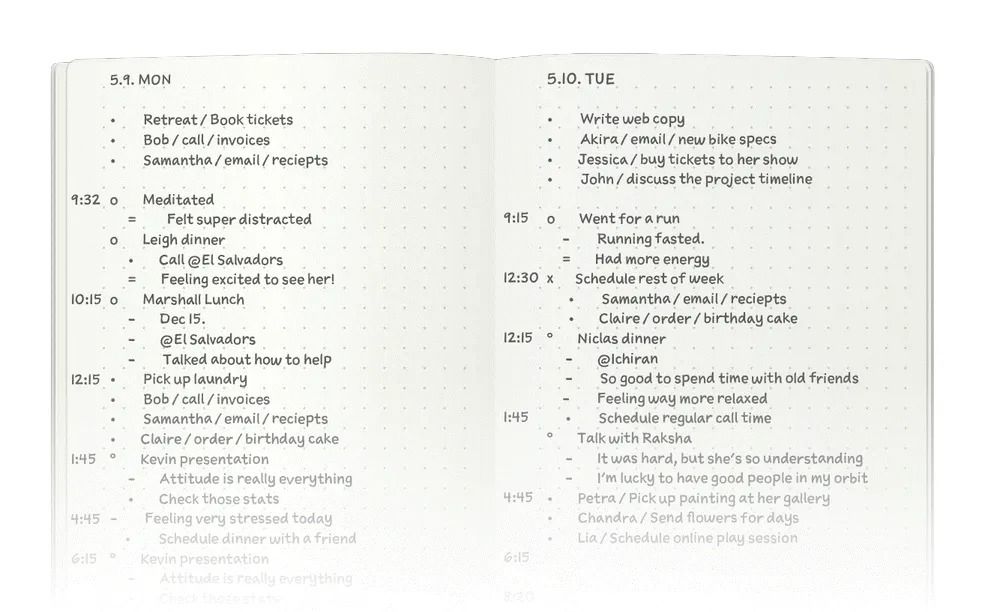 Hình ảnh một trang sổ Bullet Journal với các mục nhiệm vụ (task), sự kiện (event) và ghi chú (note) được sắp xếp gọn gàng.