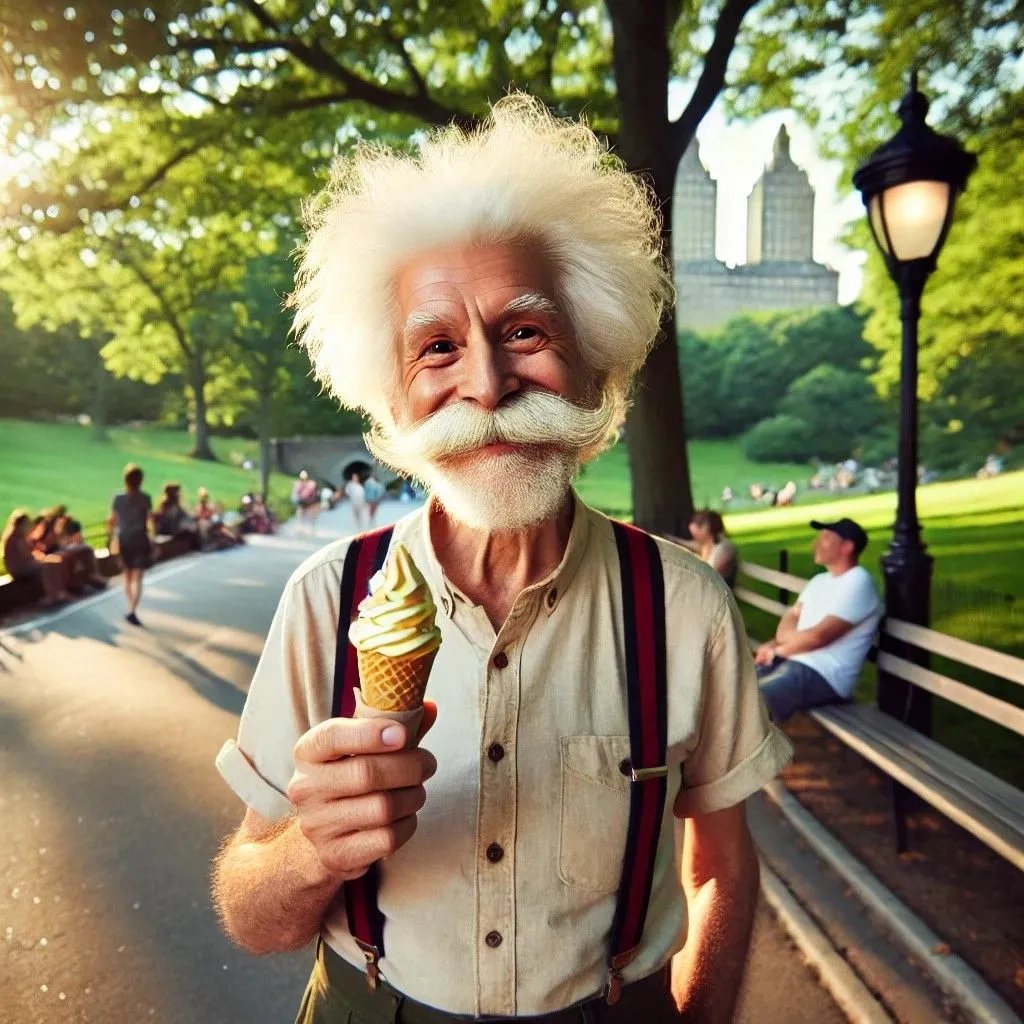 Hình ảnh người đàn ông giống Einstein ăn kem tại Central Park do DALL-E 3 tạo ra.