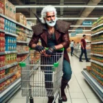 Hình ảnh người thợ săn quái vật tóc trắng, mặt sẹo, mua sắm ở siêu thị hiện đại được tạo bằng DALL-E 3.