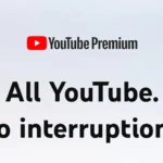 Hình ảnh quảng cáo YouTube Premium với logo YouTube trên nền xanh, giới thiệu các lợi ích dịch vụ.