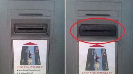 Hình ảnh so sánh giữa một máy ATM có gắn thiết bị skim thẻ và một máy ATM thông thường, giúp nhận diện.