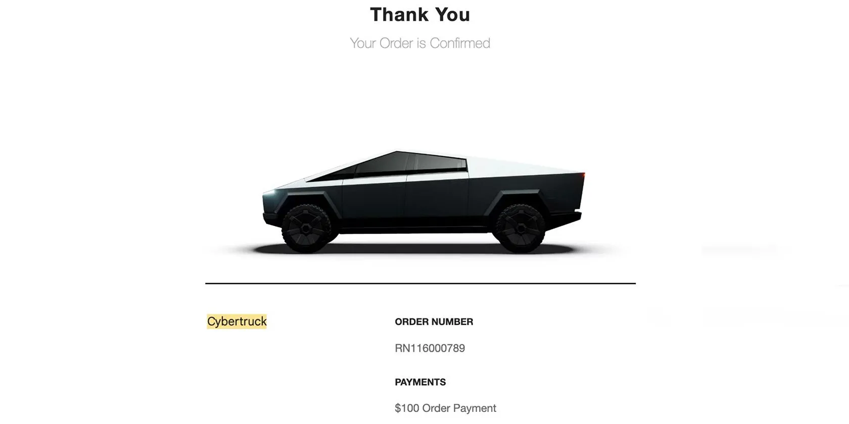 Hình ảnh xác nhận đơn đặt hàng Tesla Cybertruck trên màn hình điện thoại