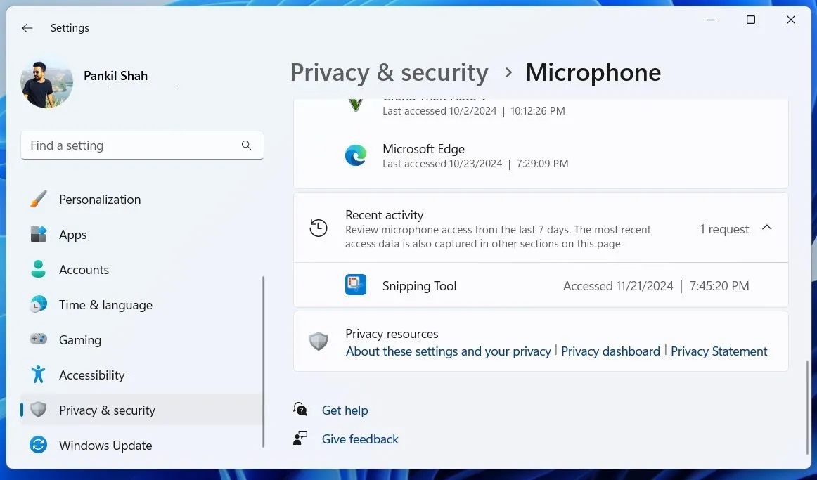 Hoạt động Microphone gần đây trong ứng dụng Cài đặt Windows 11