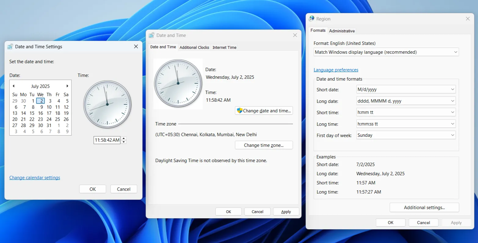 Hộp thoại cài đặt ngày giờ cổ điển trên Windows cho phép tùy chỉnh múi giờ và định dạng