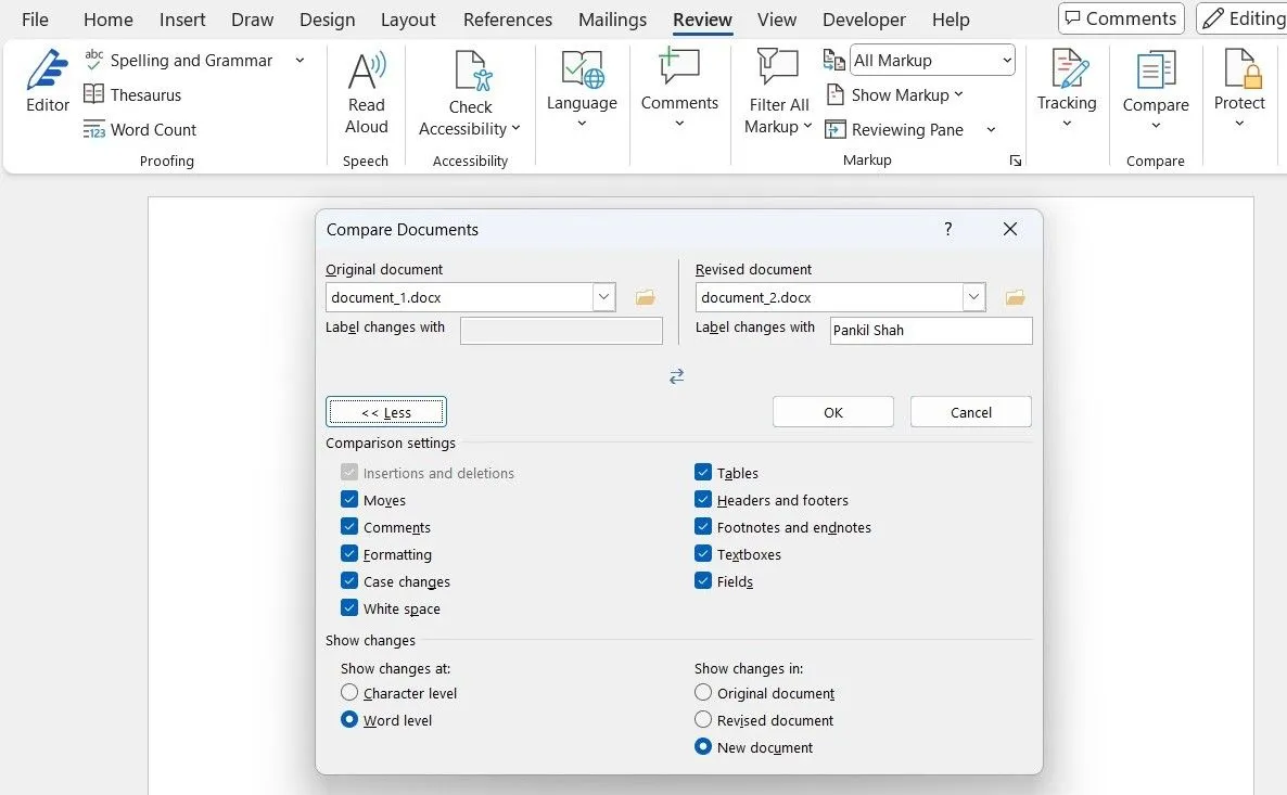 Hộp thoại Compare Documents trong Microsoft Word, chọn tài liệu để so sánh