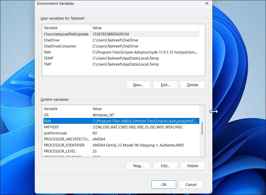 Hộp thoại Environment Variables hiển thị dòng Path được chọn trong Windows 11