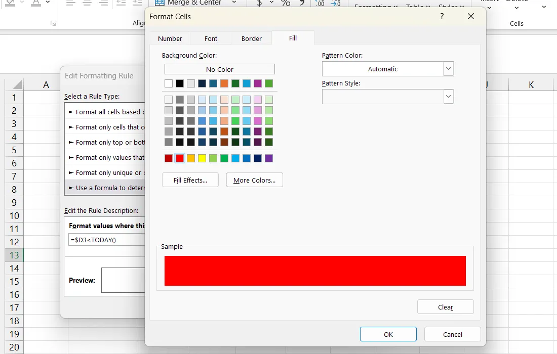 Hộp thoại Format Cells (Định dạng ô) để chọn màu nền (Fill Color) cho quy tắc định dạng có điều kiện trong Excel.