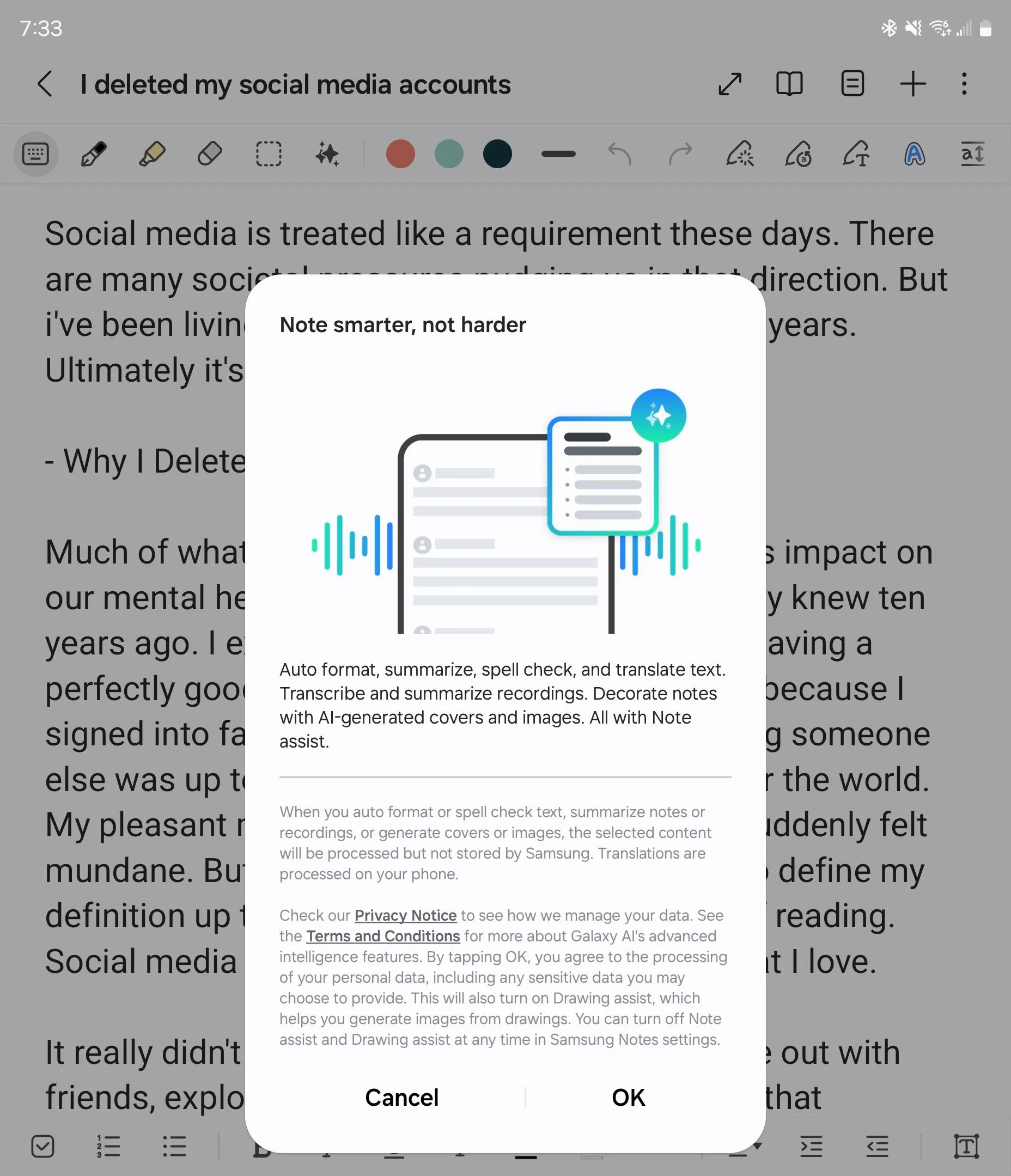 Hộp thoại giới thiệu tính năng Trợ lý Ghi chú (Note Assist) trong ứng dụng Samsung Notes.