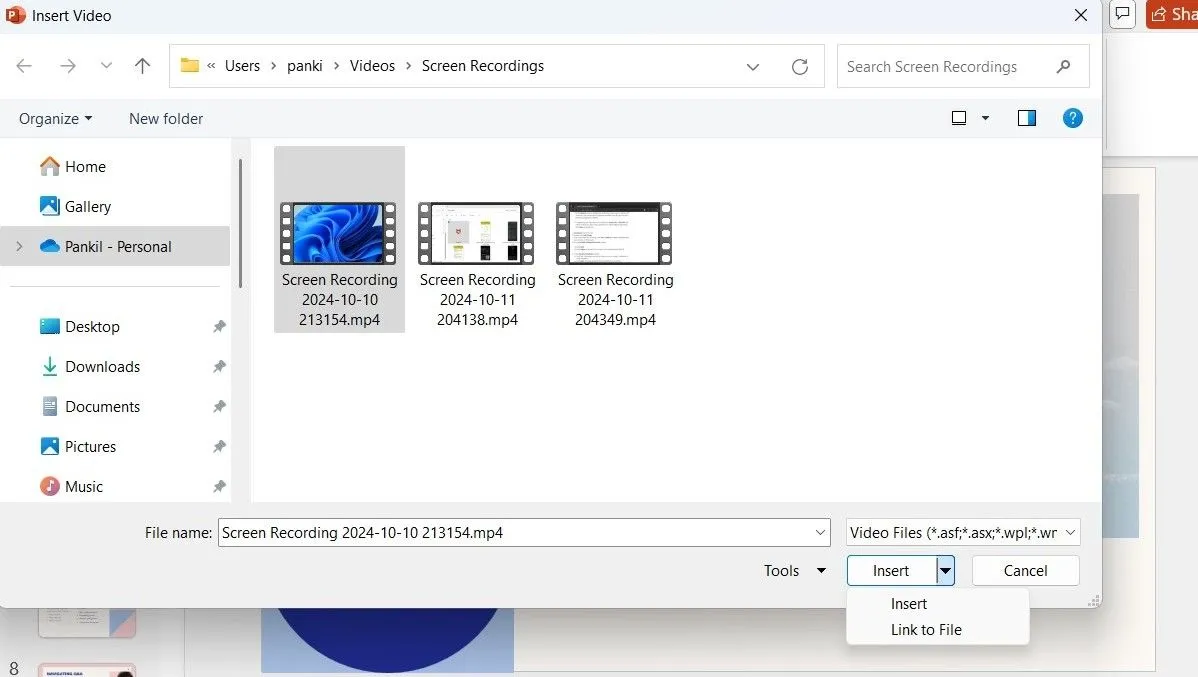 Hộp thoại Insert Video trong PowerPoint hiển thị các tùy chọn chèn hoặc liên kết tệp video từ thiết bị của bạn.