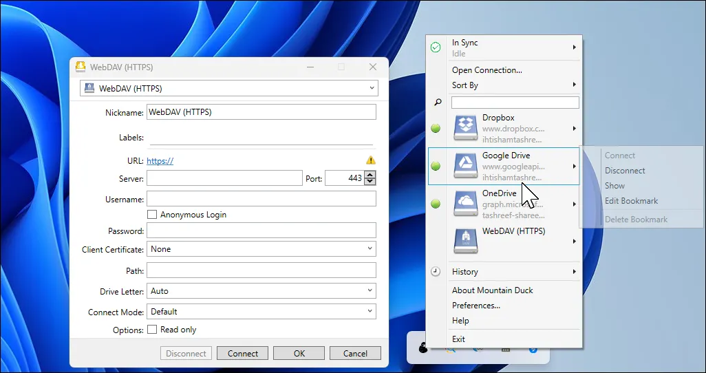 Hộp thoại kết nối Mountain Duck trên Windows 11, cho phép người dùng thêm các dịch vụ lưu trữ đám mây.