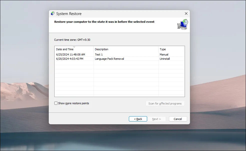 Hộp thoại Khôi phục Hệ thống hiển thị các điểm khôi phục có sẵn trong Windows 11