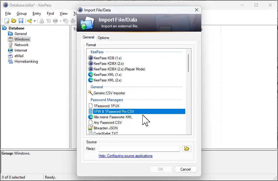 Hộp thoại nhập dữ liệu vào KeePass từ file CSV của 1Password