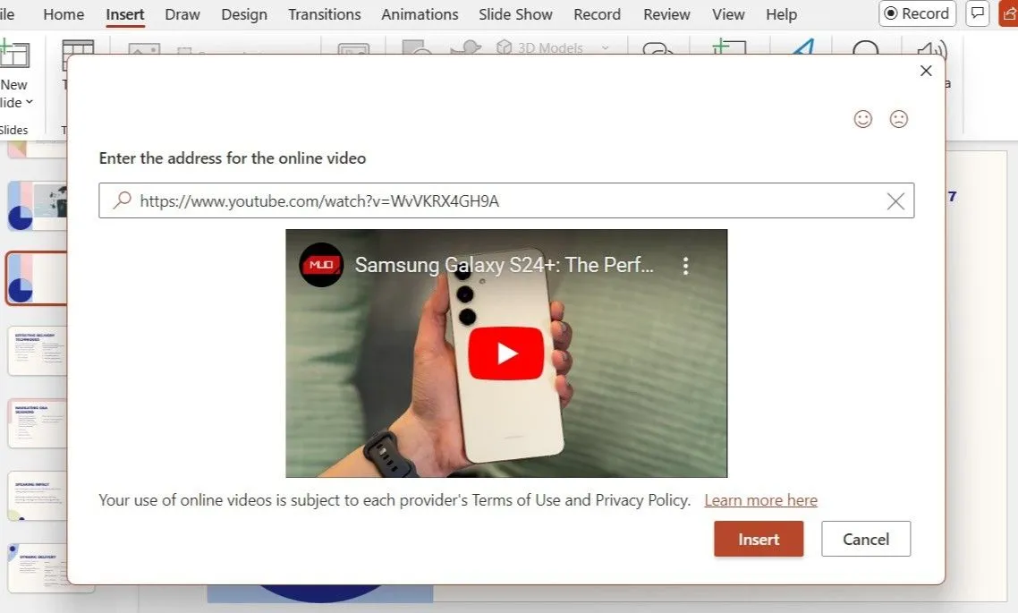 Hộp thoại Online Video trong PowerPoint với trường nhập URL và hiển thị bản xem trước video YouTube sắp được nhúng vào slide.