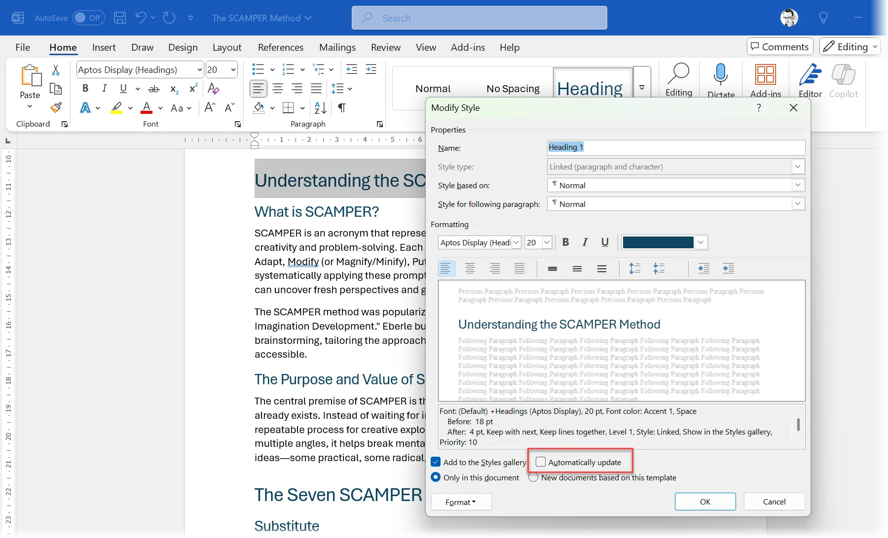 Hộp thoại sửa kiểu với tùy chọn Automatically Update trong Microsoft Word
