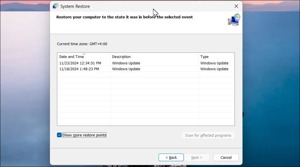Hộp thoại System Restore trong Windows 11 hiển thị các điểm khôi phục hệ thống khả dụng