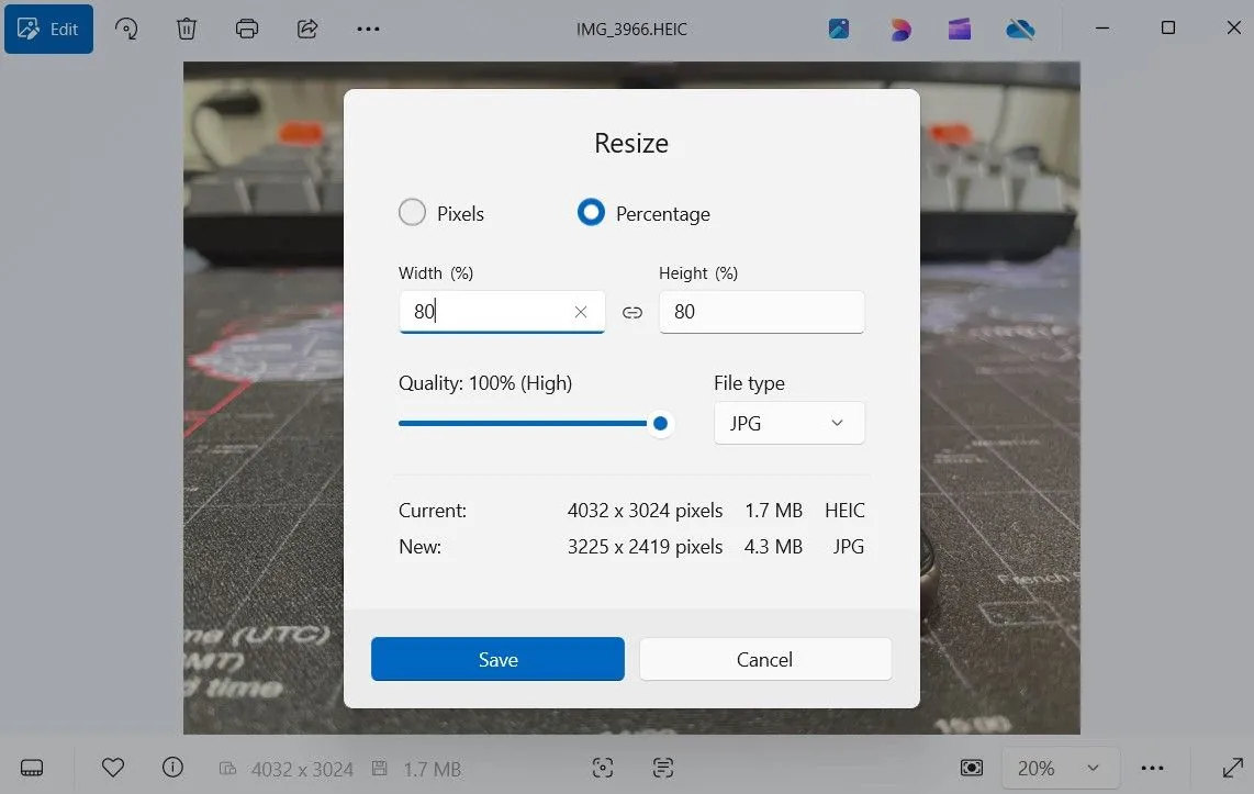 Hộp thoại thay đổi kích thước ảnh trong ứng dụng Photos của Windows 11