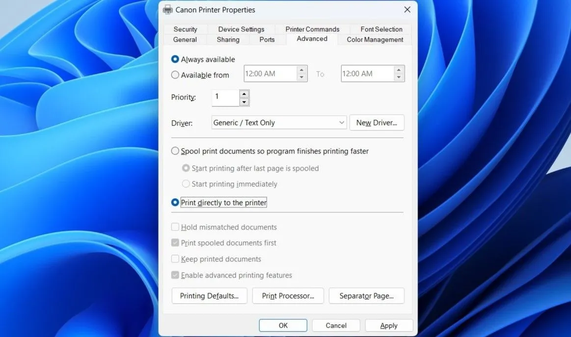 Hộp thoại &quot;Thuộc tính Máy in&quot; trong Windows với tùy chọn in trực tiếp