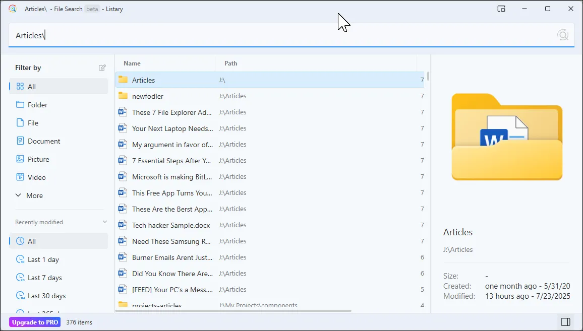 Hộp thoại tìm kiếm file của Listary với các tùy chọn lọc nâng cao và xem trước chi tiết file