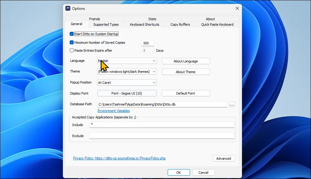Hộp thoại Tùy chọn (Options) của Ditto Clipboard Manager trên Windows 11, hiển thị các cài đặt cho trình quản lý clipboard