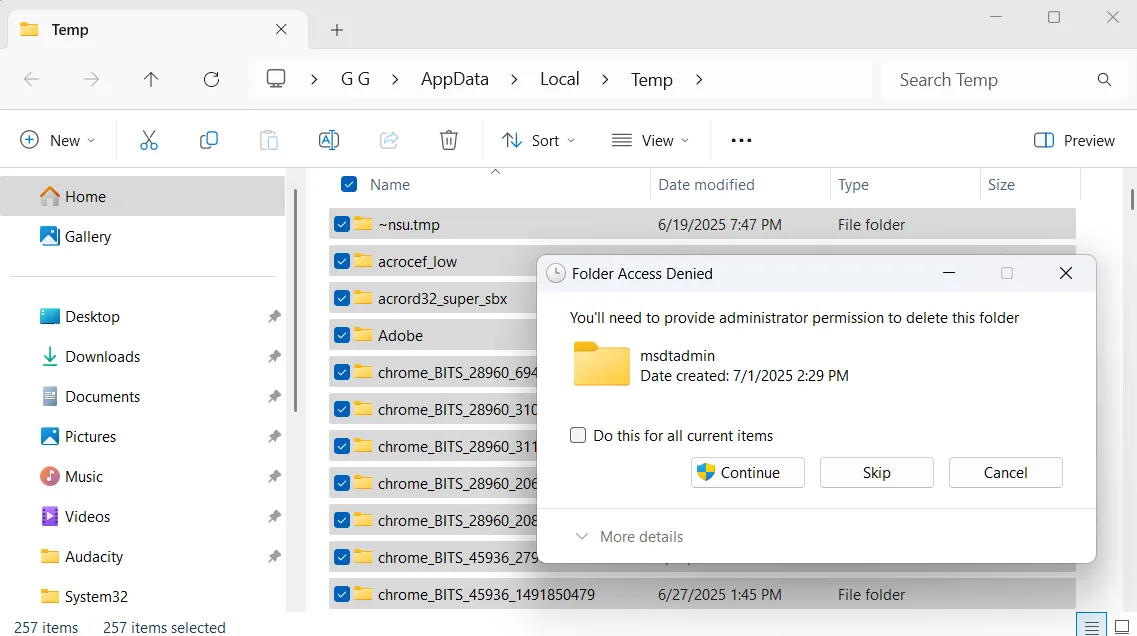 Hộp thoại xác nhận xóa tệp trong thư mục Temp của Windows