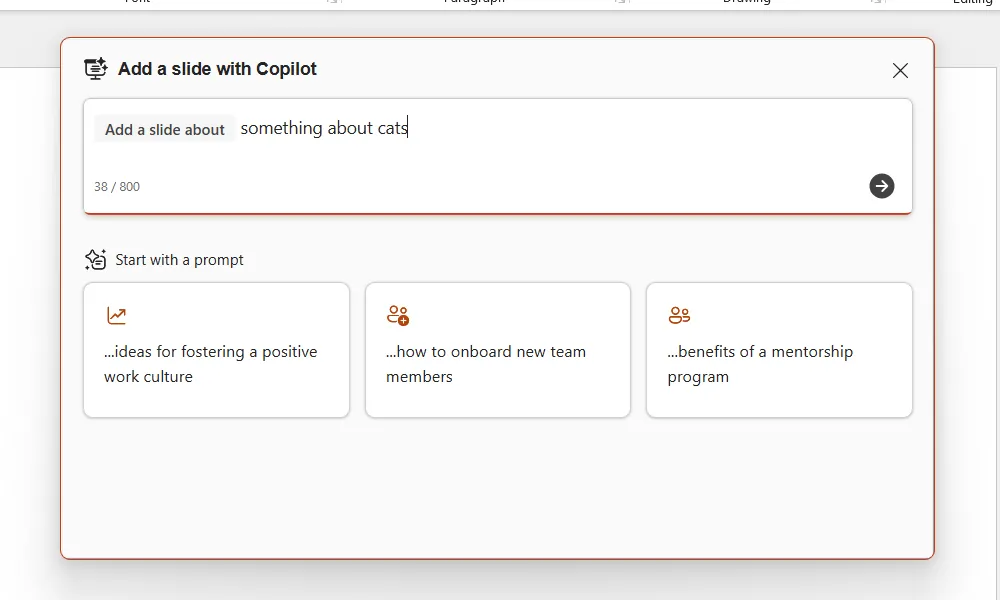 Hộp thoại yêu cầu Copilot thêm slide vào PowerPoint
