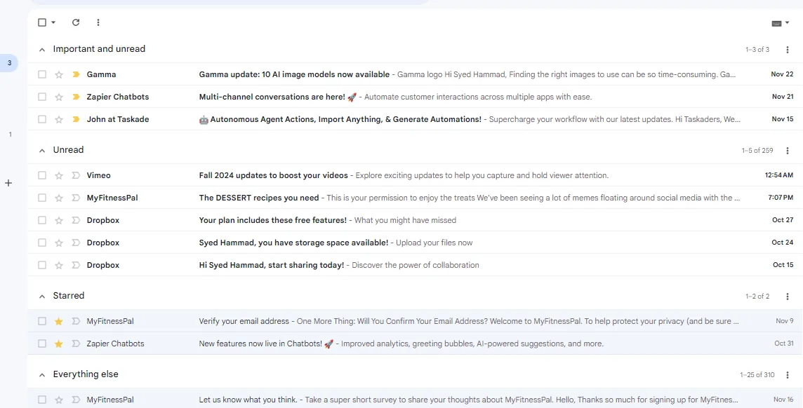 Hộp thư đến Gmail với các tab phân loại email tự động