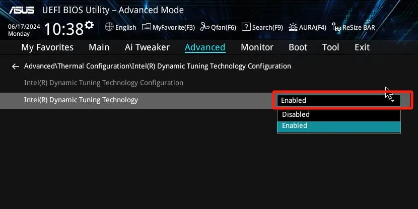 Hướng dẫn bật tính năng Intel Dynamic Tuning Technology (DTT) trong giao diện BIOS/UEFI của mainboard ASUS