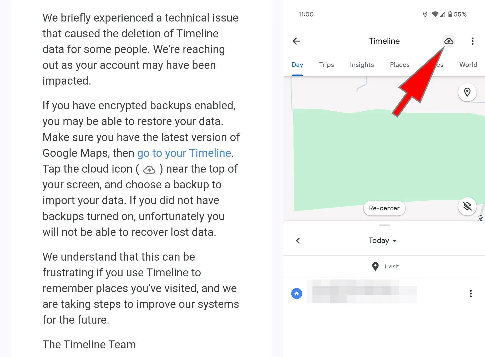 Hướng dẫn các bước để khôi phục dữ liệu Timeline trên Google Maps, hiển thị giao diện ứng dụng.