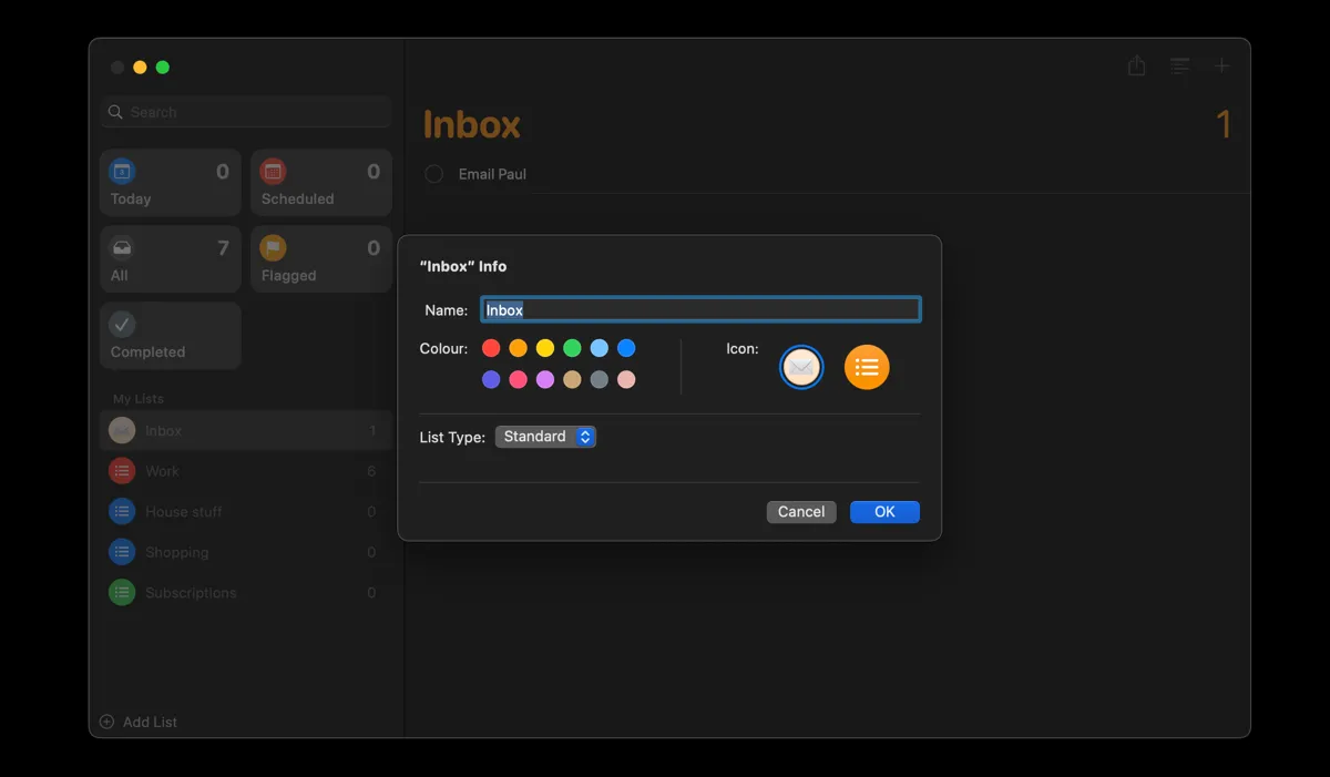 Hướng dẫn đổi tên và cài đặt danh sách Inbox chuyên dụng trong ứng dụng Reminders trên Mac