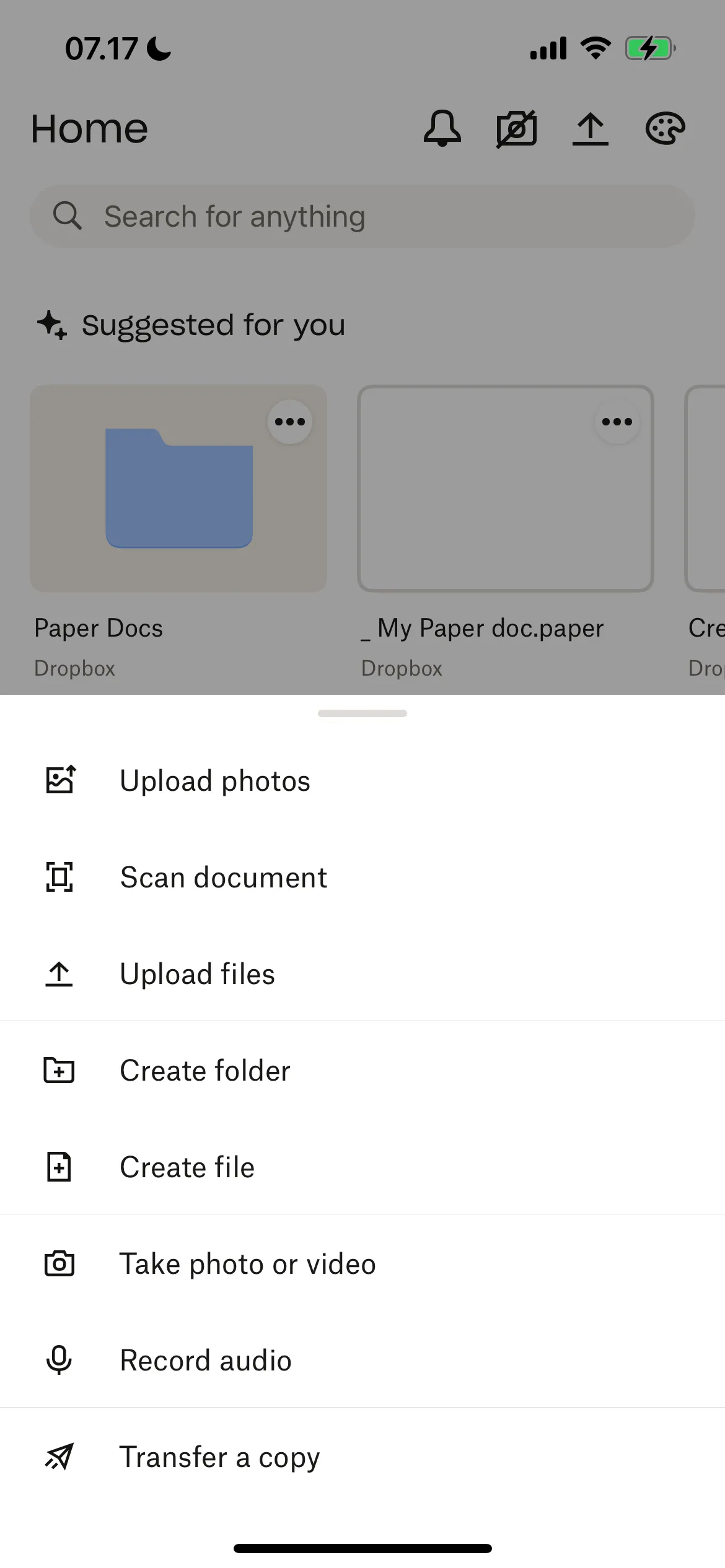 Hướng dẫn tạo tệp hoặc tài liệu mới trong ứng dụng Dropbox, chọn Dropbox Paper