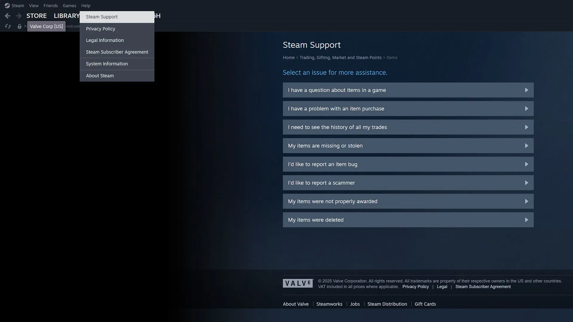 Hướng dẫn truy cập Hỗ trợ Steam để báo cáo giao dịch Thị trường Cộng đồng
