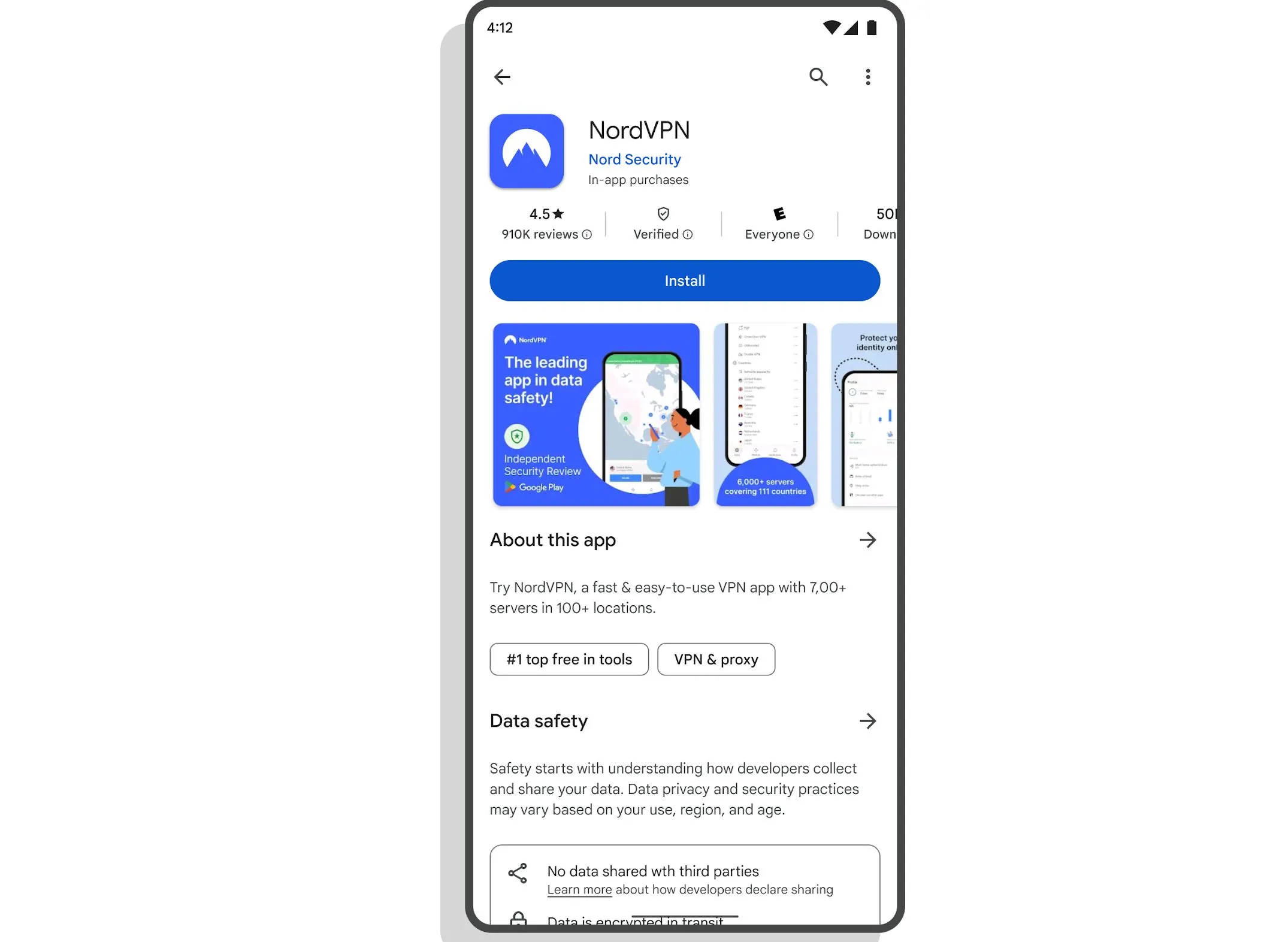 Huy hiệu Đã xác minh trên trang chi tiết ứng dụng VPN của Google Play Store.