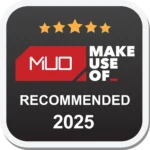 Huy hiệu giải thưởng MakeUseOf Recommended 2025 cho Keychron K8 Max