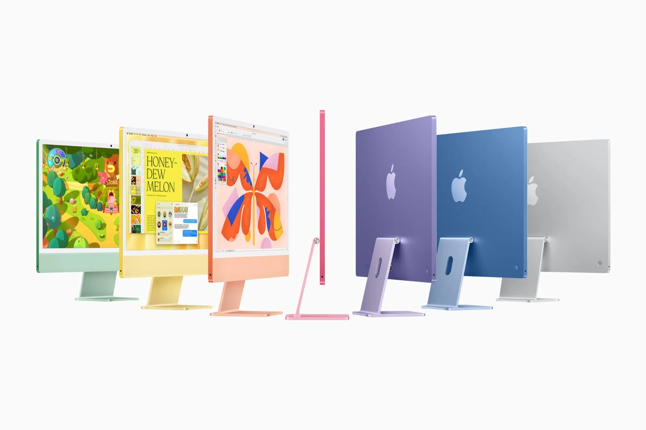 iMac 2024 với nhiều màu sắc rực rỡ, thể hiện sự đa dạng lựa chọn về cấu hình và thiết kế.