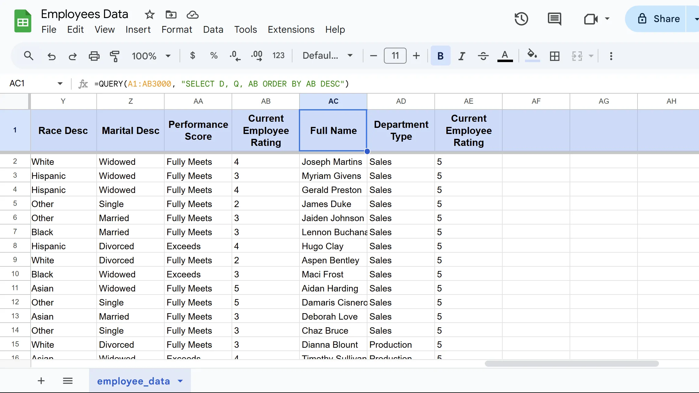 Kết quả hàm QUERY trong Google Sheets, minh họa truy vấn dữ liệu phức tạp