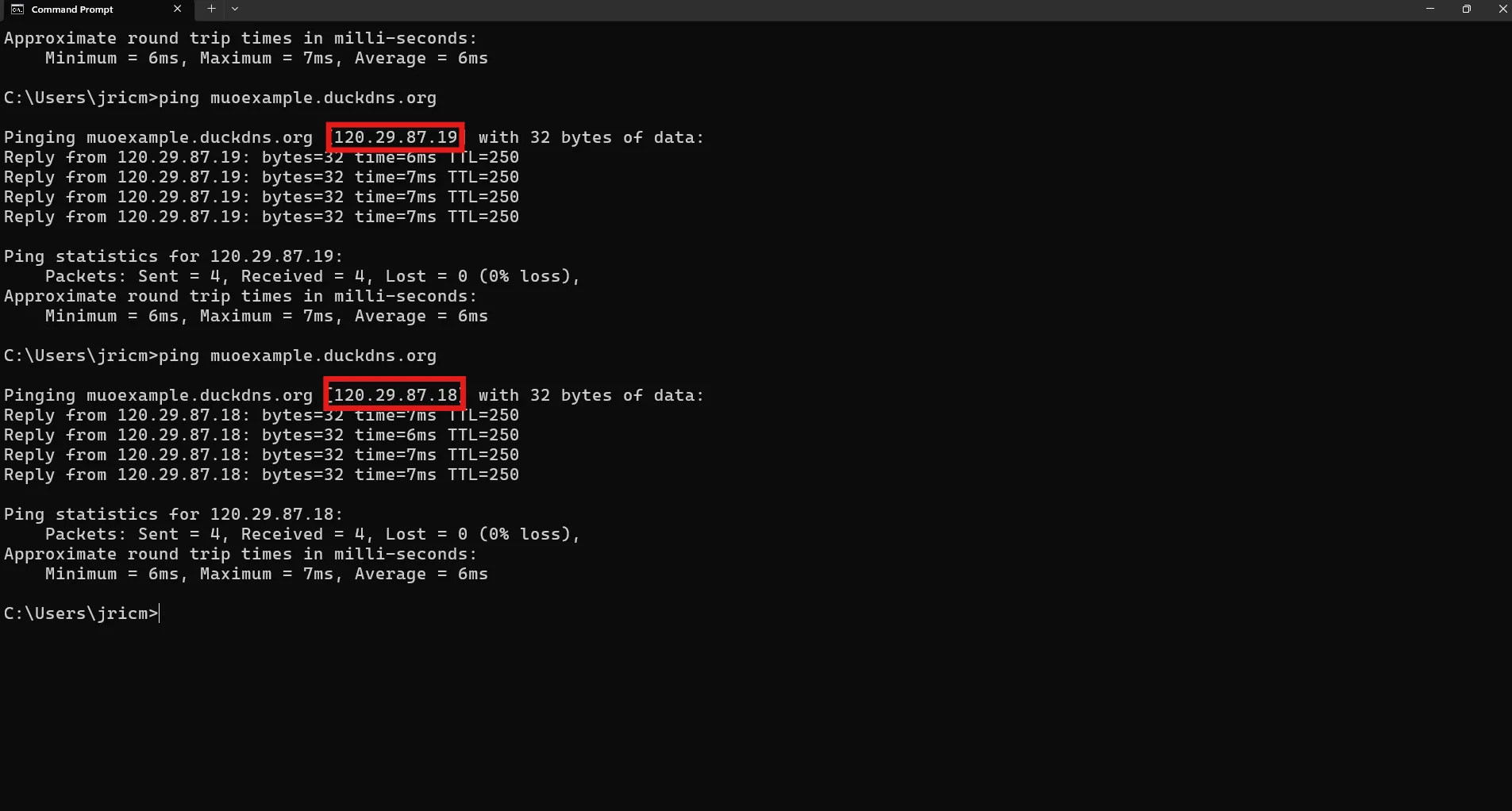 Kết quả kiểm tra cho thấy Dynamic DNS (DDNS) với DuckDNS đã hoạt động thành công sau khi đổi địa chỉ IP.