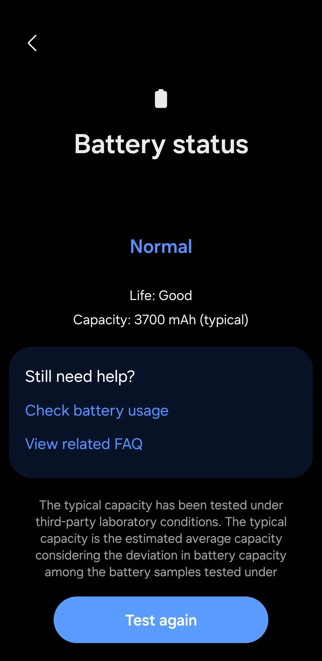 Kết quả kiểm tra tình trạng pin &quot;Tốt&quot; hiển thị trong ứng dụng Samsung Members trên điện thoại Galaxy