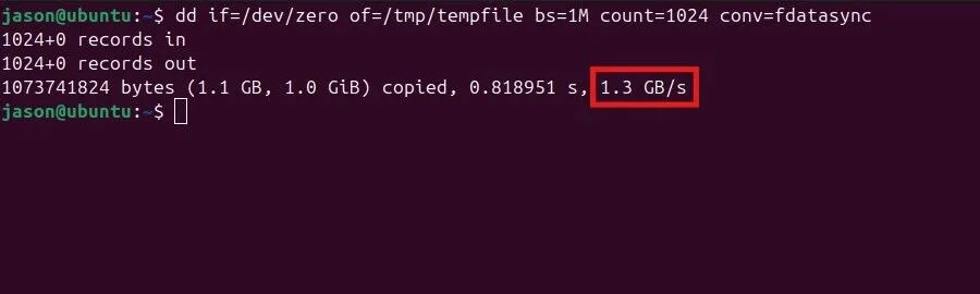 Kết quả kiểm tra tốc độ ghi SSD trên Linux bằng lệnh dd