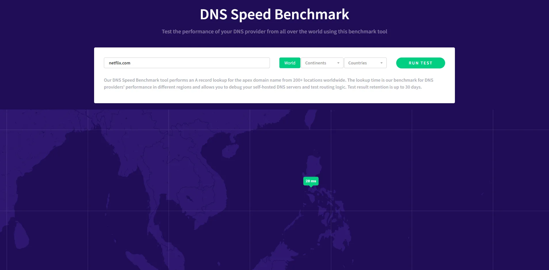 Kết quả kiểm tra tốc độ phản hồi DNS của Cloudflare trên một công cụ benchmark
