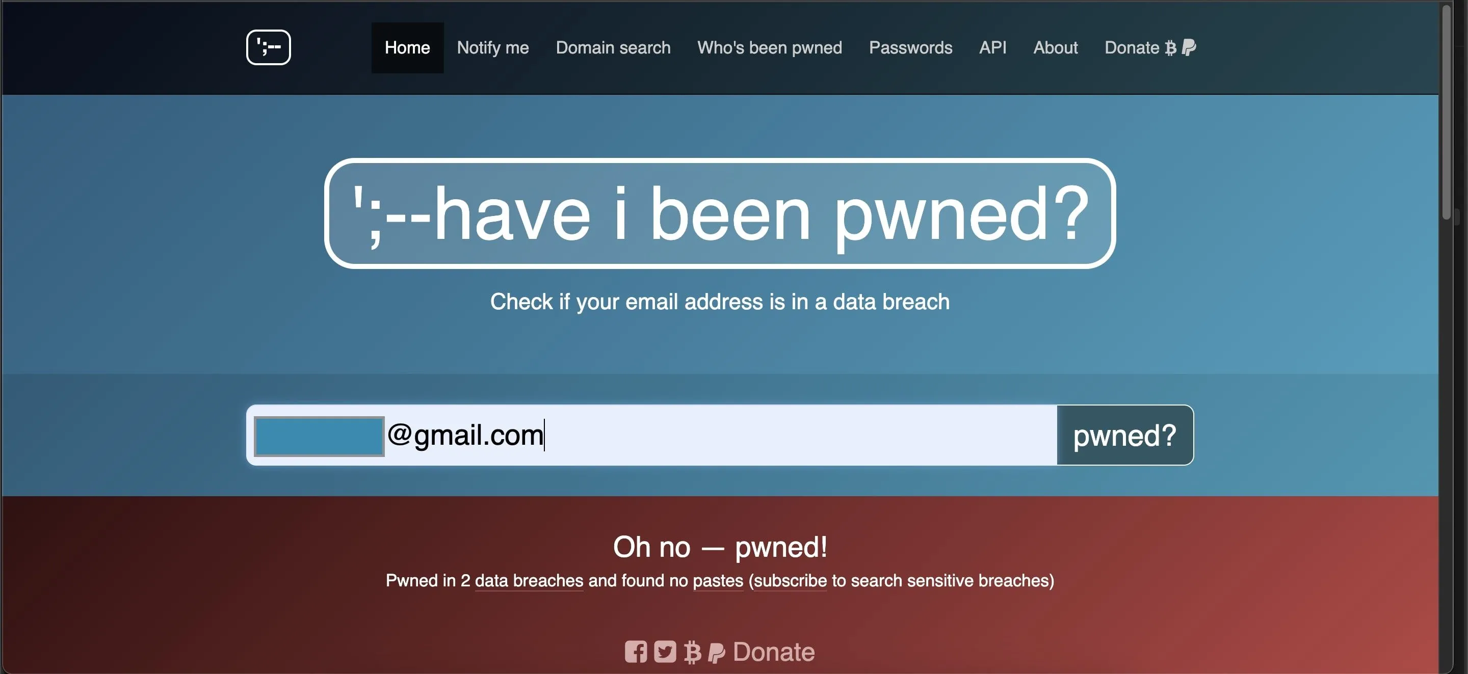 Kết quả kiểm tra trên Have I Been Pwned, hiển thị dữ liệu người dùng bị rò rỉ từ các vụ tấn công mạng
