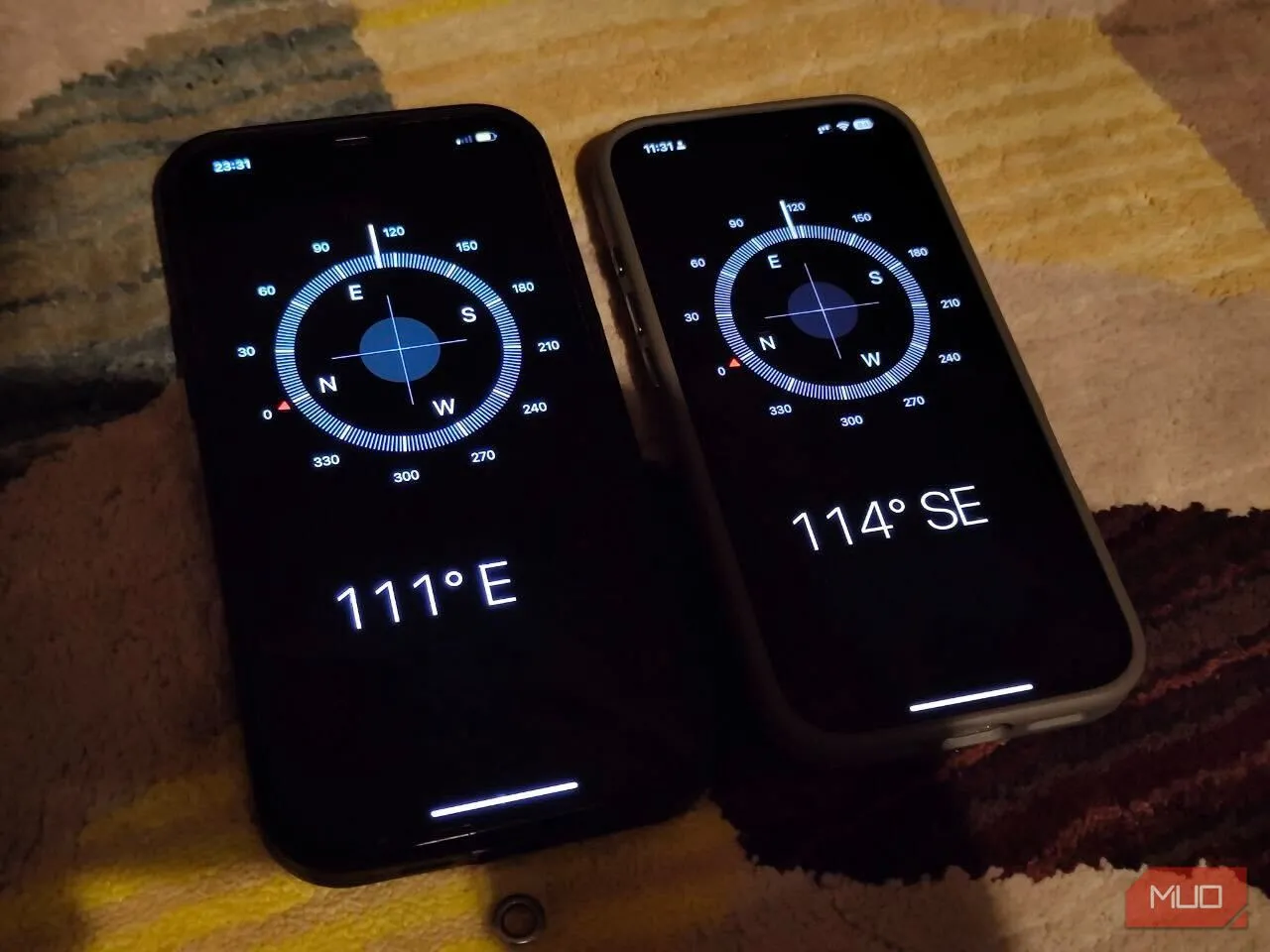 Kết quả la bàn điện thoại hiển thị khác biệt giữa iPhone 12 Pro Max và iPhone 16 Pro dù đã hiệu chuẩn
