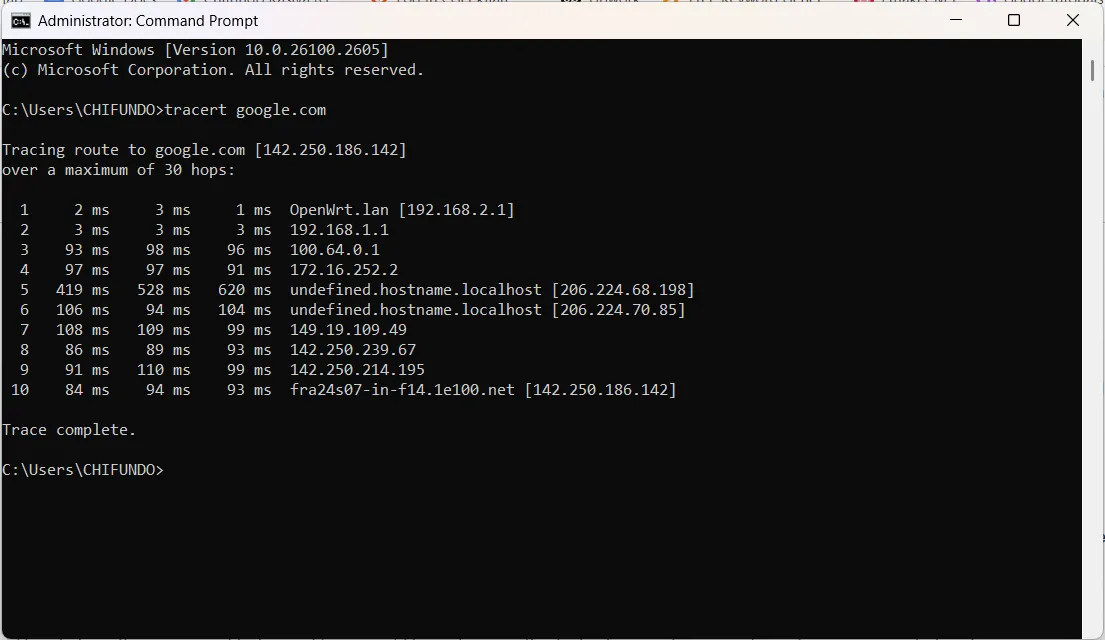 Kết quả lệnh Tracert hiển thị đường đi của dữ liệu đến google.com trong Command Prompt trên Windows.