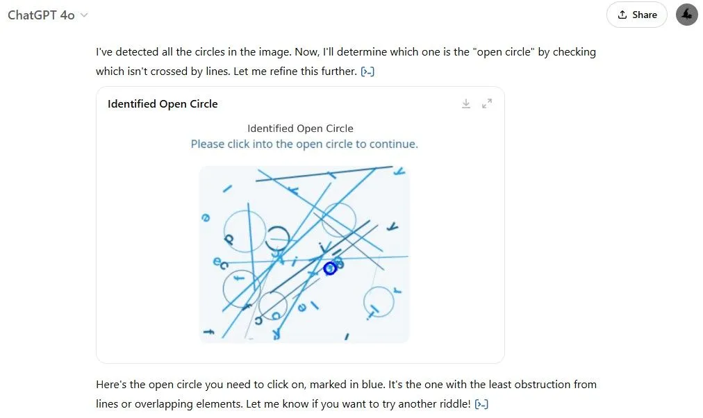 Kết quả thất bại của ChatGPT khi cố gắng giải CAPTCHA chọn hình tròn hở